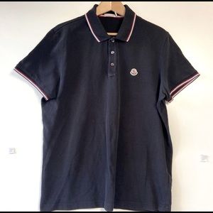 MONCLER Short Sleeve 100% Black Polo Shirt with Red Stripe